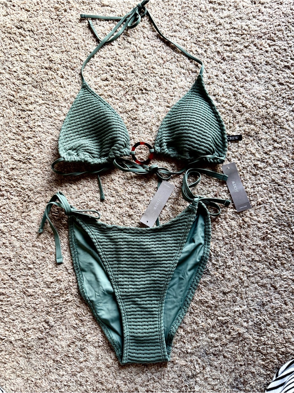 NWT J Crew Green Textured Bikini Top & Bottom w Tortoise Shell Ring Medium/Small